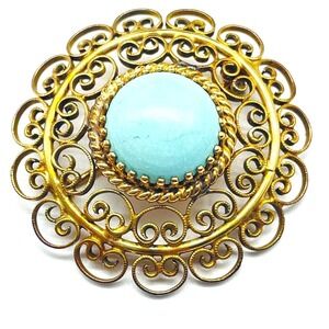 Winard 12K GF Filigree Brooch Blue Cabochon Vintage Round Pin Signed